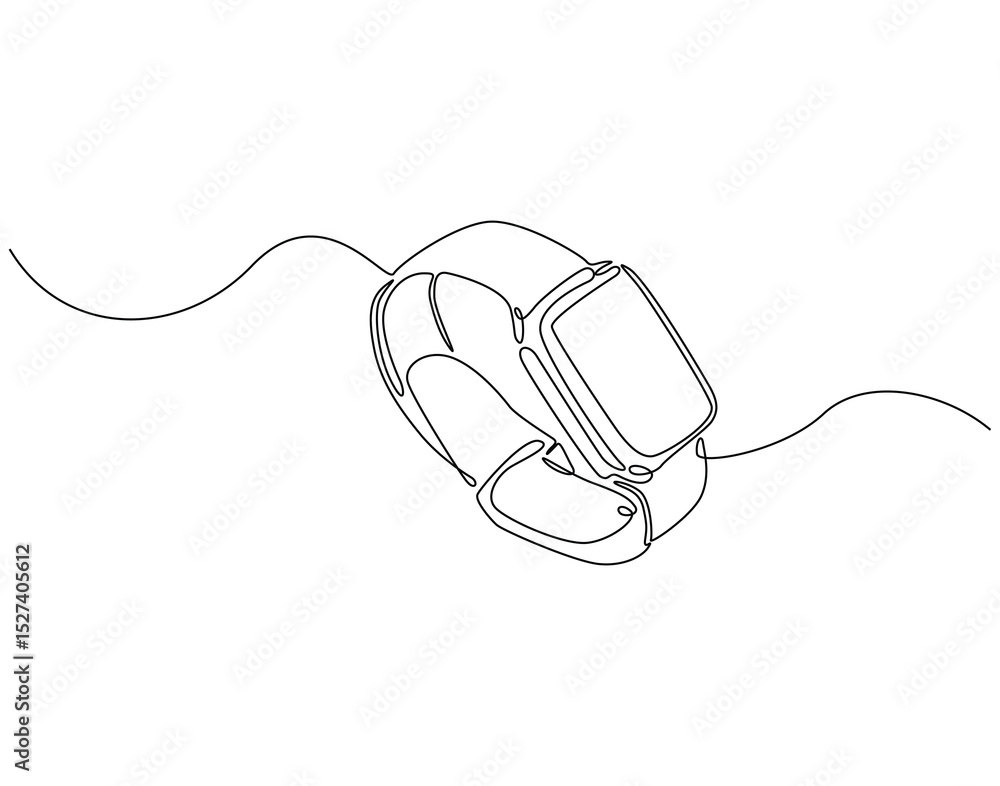 Obraz premium Continuous one line drawing of smartwatch. One line drawing illustration of fitness bracelet smartwatch. Clock touchscreen, technology concept single line. Editable outline