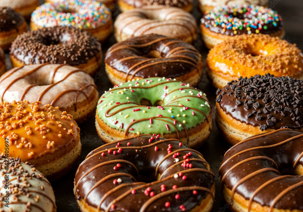 Assorted donuts display variety in a bakery tempting potential customers with delicious treats Assorted donuts display variety in a bakery tempting potential customers with delicious treats