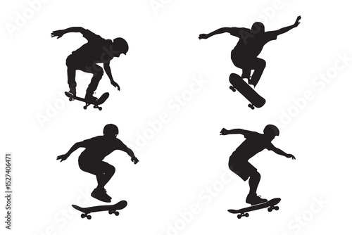 Silhouettes of Skateboarders Performing Tricks – Vector Set