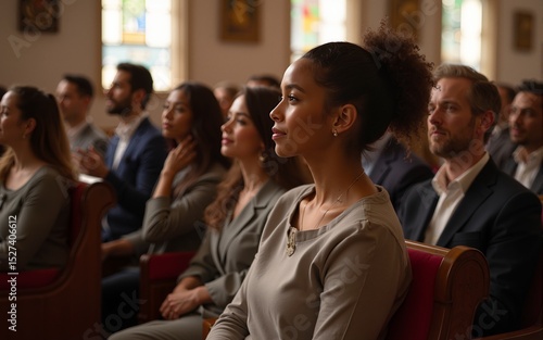Woman sitting in church pew listening to sermon with congregation. High quality