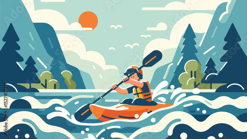 Kayaking on a River, A person kayaking down a fast-moving river, splashing through white 
