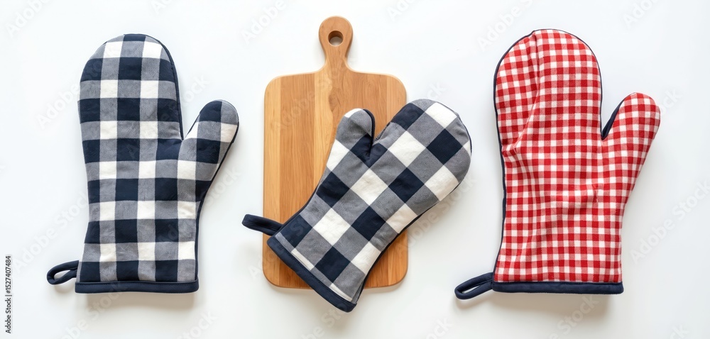 Obraz premium Wooden cutting board with three kitchen mitts with different patterns. Oven mitts have plaid design in blue and red colors. Kitchen accessories are isolated on white background. Top view composition.
