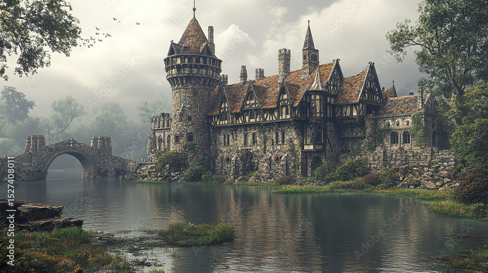 Obraz premium majestic medieval castle surrounded by serene water and lush greenery, evoking sense of wonder