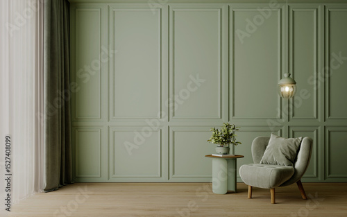 Green room with green armchair lamp and table in modern classic style interior. 3d rendering