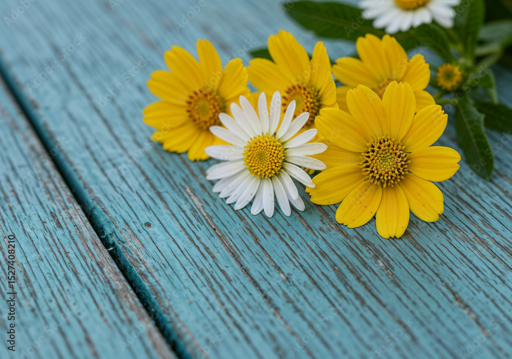 Obraz premium Daisy blossoms display vibrant colors on weathered blue wood planks creating contrast