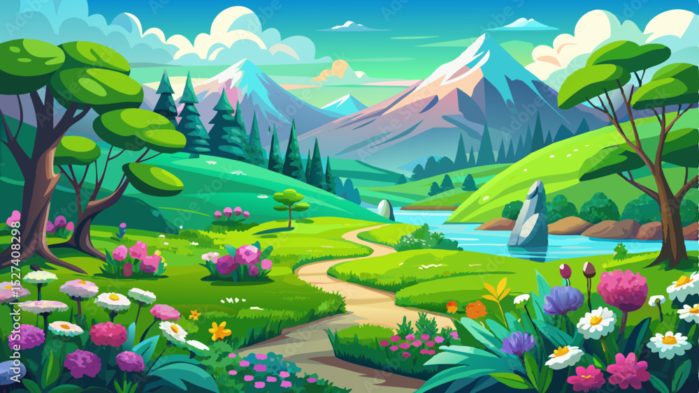 Fototapeta premium Beautiful green landscape filled with vibrant natural colors of the spring season. Lush meadows, blooming flowers, and fresh atmosphere creating a peaceful and refreshing scenery, vector illustration