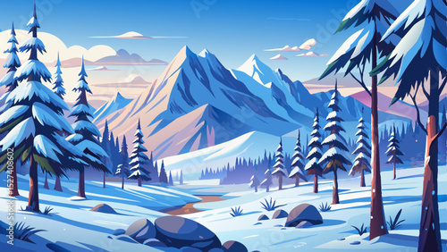 Amazing winter landscape with tall trees and majestic snow-covered mountains. Peaceful natural scenery with frosty atmosphere and bright clear sky, vector illustration