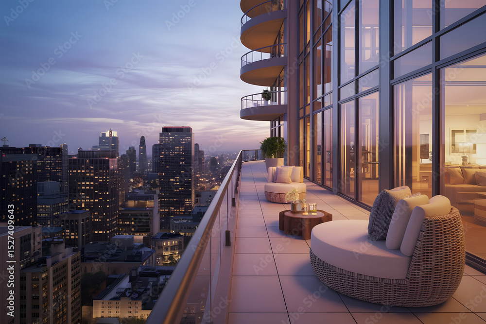 Fototapeta premium Luxury city balcony with stylish outdoor seating and panoramic skyline view at sunset, ideal for urban living and modern lifestyle scenes.