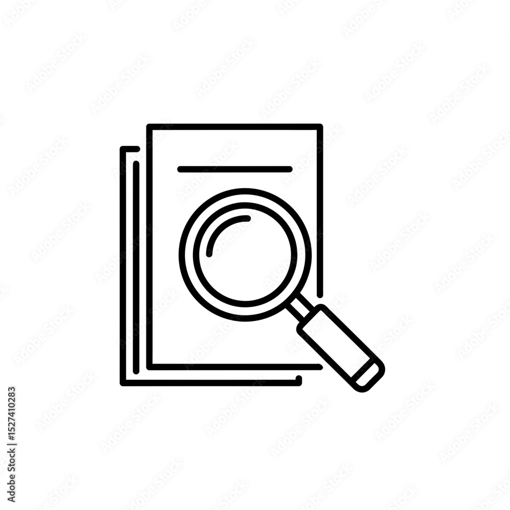 Document Search: Magnifying Glass Inspecting Information on Paper Sheets - Audit, Review, and Data Analysis Line Icon, Vector Illustration Document Search: Magnifying Glass Inspecting Information on Paper Sheets - Audit, Review, and Data Analysis Line Icon, Vector Illustration