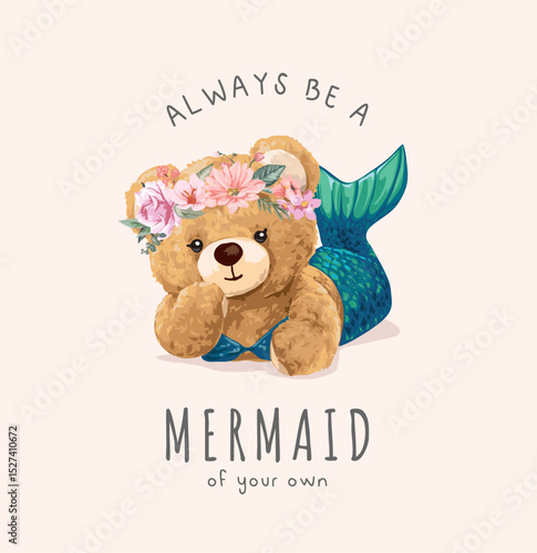 cute bear doll mermaid in floral crown vector illustration hand drawn - not auto trace