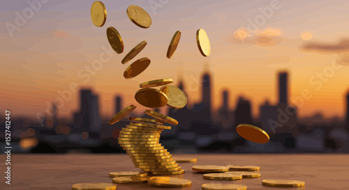 Golden coins falling in front of a cityscape at sunset, symbolizing prosperity