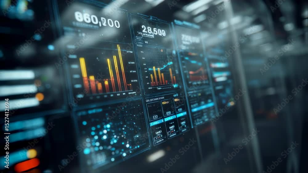 Multiple transparent digital screens display complex financial data, charts, and graphs, suggesting a high tech environment focused on market analysis and investment strategies Multiple transparent digital screens display complex financial data, charts, and graphs, suggesting a high tech environment focused on market analysis and investment strategies