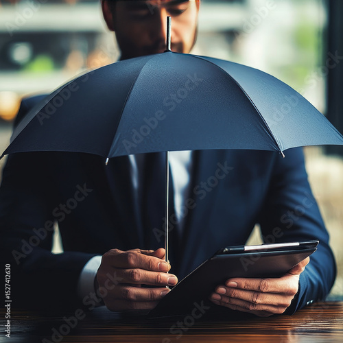 Businessman holding Insurance policy, coverage, premium, claims, broker, advisor, protection, investment, risk management, consultancy, solution, business plan, financial security.