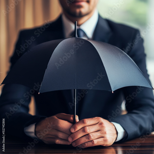 Businessman holding Insurance policy, coverage, premium, claims, broker, advisor, protection, investment, risk management, consultancy, solution, business plan, financial security.