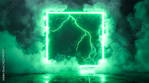 Glowing green neon square, lightning strike, smoky studio, background