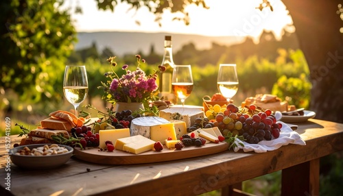 Sunset Picnic: Wine, Cheese, and Grapes on Rustic Table