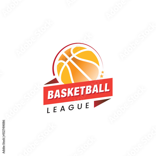 Basketball championship vector logo, orange blue elegant colorful basket ball team logo with stars and badge