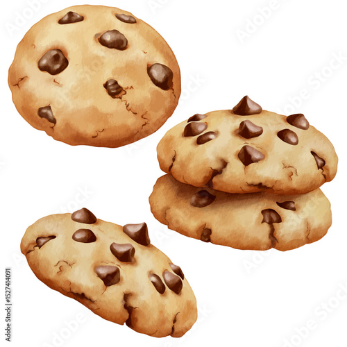 Set of watercolor chocolate chips cookies vector clip art. Watercolor painting style of cookies illustration for baking day and event isolated on white background.