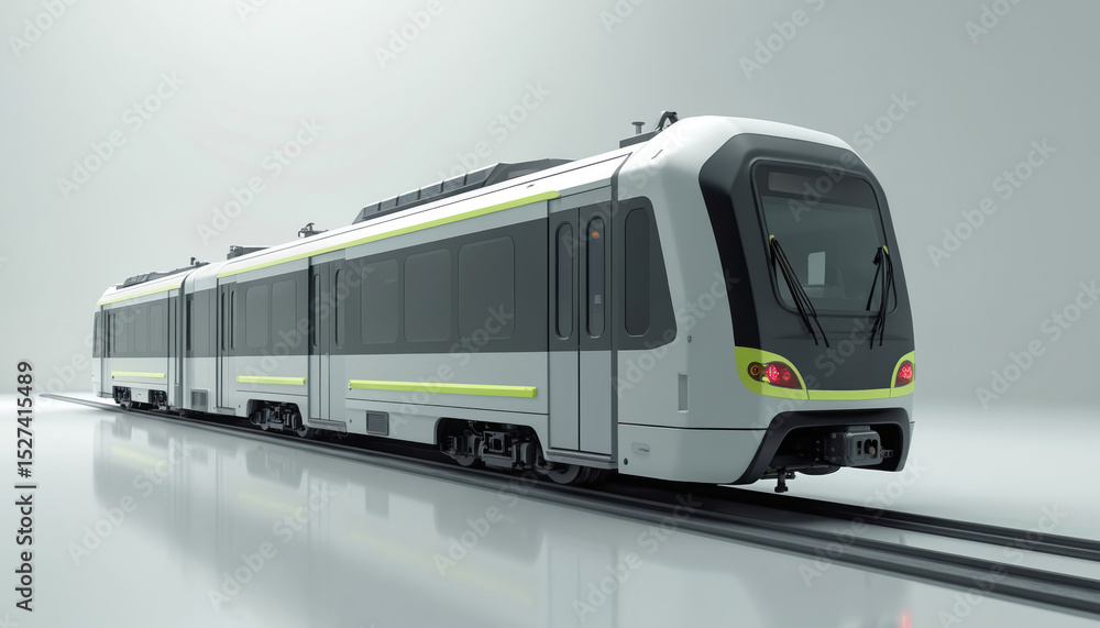 Naklejka premium 3d rendering of modern subway train. Public transport metro vehicle on railway track. Modern rapid transit subway train design, underground transportation. Interior, exterior of passenger train.