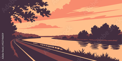 Картината върху платно Sunset Road Trip Along the River