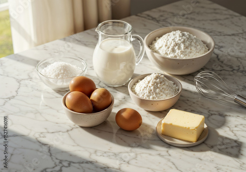 Baking ingredients shown flour eggs and milk sit on marble surface bathed in natural light