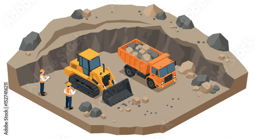 Construction site with bulldozer and dump truck in quarry vector illustration