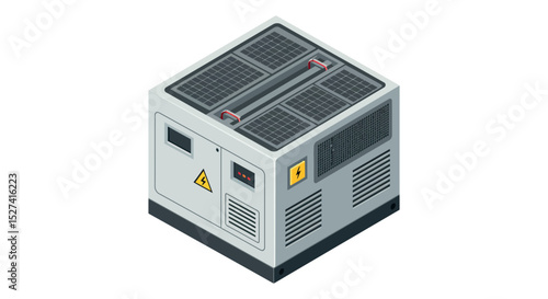 Isometric solar powered air conditioner unit for energy efficient cooling solutions vector illustration