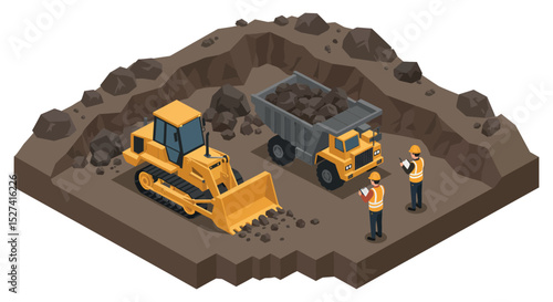 Construction site with bulldozer and dump truck in isometric view for industrial design projects vector illustration