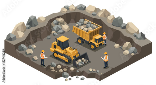 Construction site with workers and machinery in a quarry vector illustration
