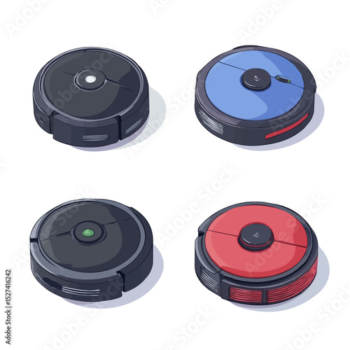2D flat Robotic Vacuum Cleaners illustration vector, isolated on a white background.
