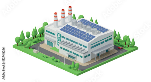 Eco-friendly factory with solar panels and smokestacks surrounded by trees vector illustration