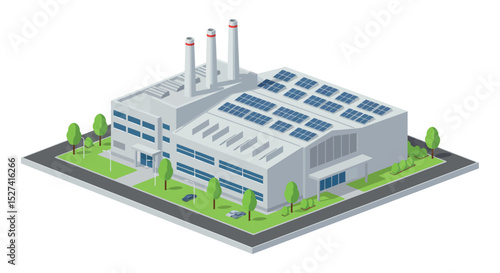 Sustainable factory design with solar panels and green landscaping for eco-friendly industry vector illustration