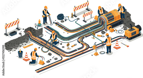 Urban infrastructure development: workers installing underground utility lines for city maintenance vector illustration
