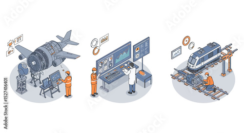 Engineering innovations in aviation and rail: advances in technology and maintenance techniques vector illustration