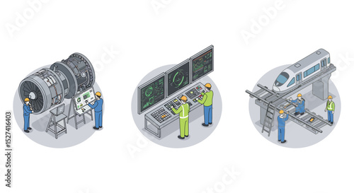Industrial engineering processes: engine design, control room monitoring, railway construction vector illustration