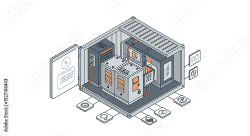 Isometric design of energy management system and renewable power solutions vector illustration
