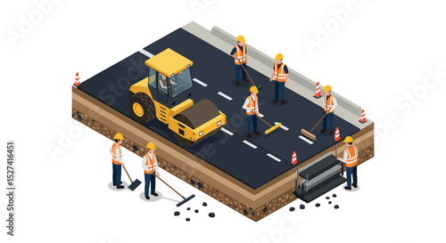 Road construction scene with workers and equipment on a highway project vector illustration