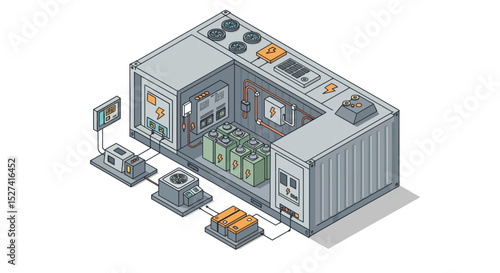 Isometric illustration of renewable energy container with battery storage system vector illustration