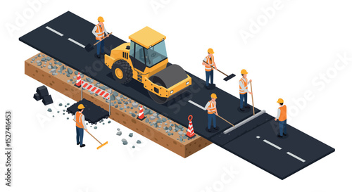 Road construction workers and equipment scene for infrastructure design projects vector illustration