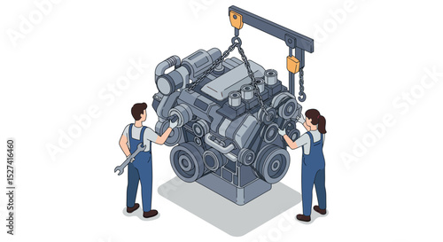 Engine maintenance scene with mechanics using tools for repair and inspection vector illustration