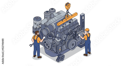 Workers assembling industrial machinery engine with crane in factory setting vector illustration