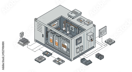 Industrial control panel system with connected electronic components for automation vector illustration