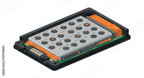 Isometric electronic battery module for industrial and automotive applications vector illustration