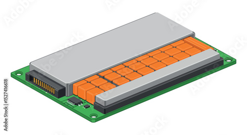 Digital device chipset with orange circuit components for electronic design vector illustration