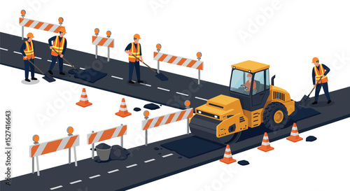 Road construction scene with workers and machinery for urban infrastructure development vector illustration