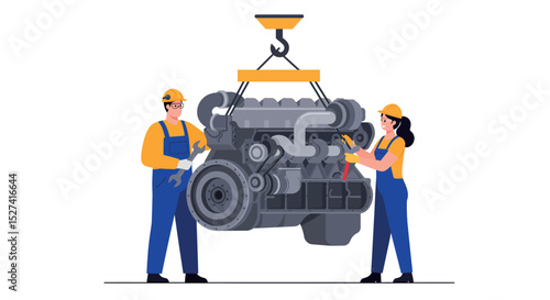 Engineers working on industrial engine maintenance for heavy machinery vector illustration