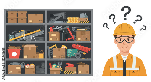 Worker confused in a messy storage room with many tools and boxes vector illustration