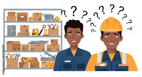 Confused workers in storage room organizing tools and supplies vector illustration