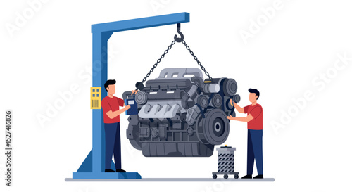 Collaborative engine maintenance illustration - mechanics working on heavy machinery vector illustration