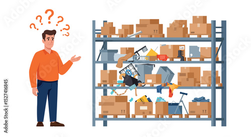 Confused man in orange shirt facing disorganized shelves filled with various boxes and clutter vector illustration